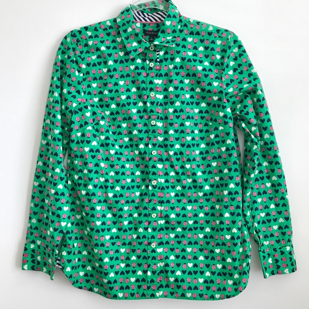 Talbots Green Heart Ladybug Print Top